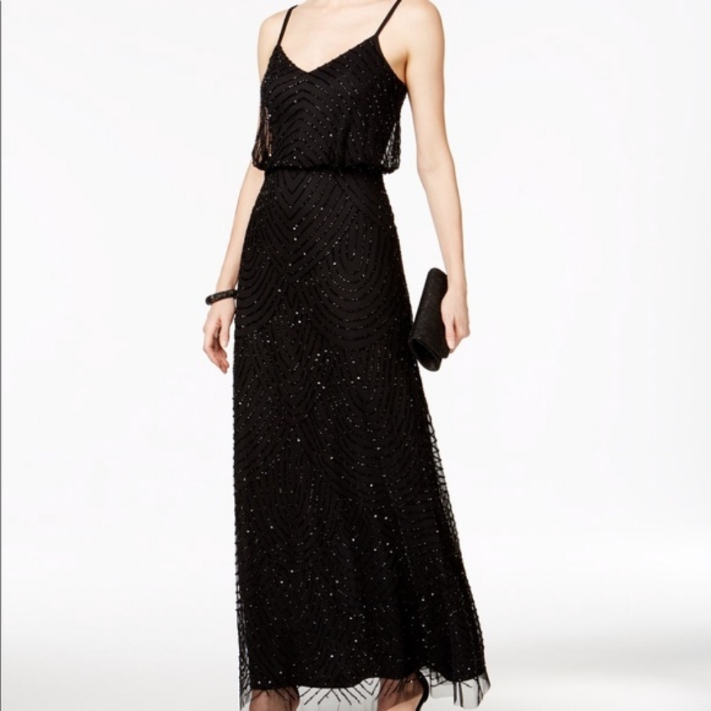 Adrianna Papell Full Length Hand Beaded Black Gown